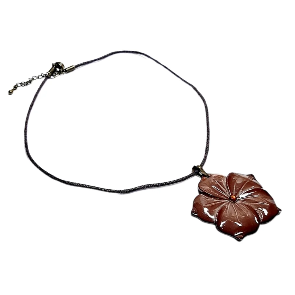 Brown Glass Flower Pendant Necklace with Pink Rhinestone on Brown Cord | NWOT